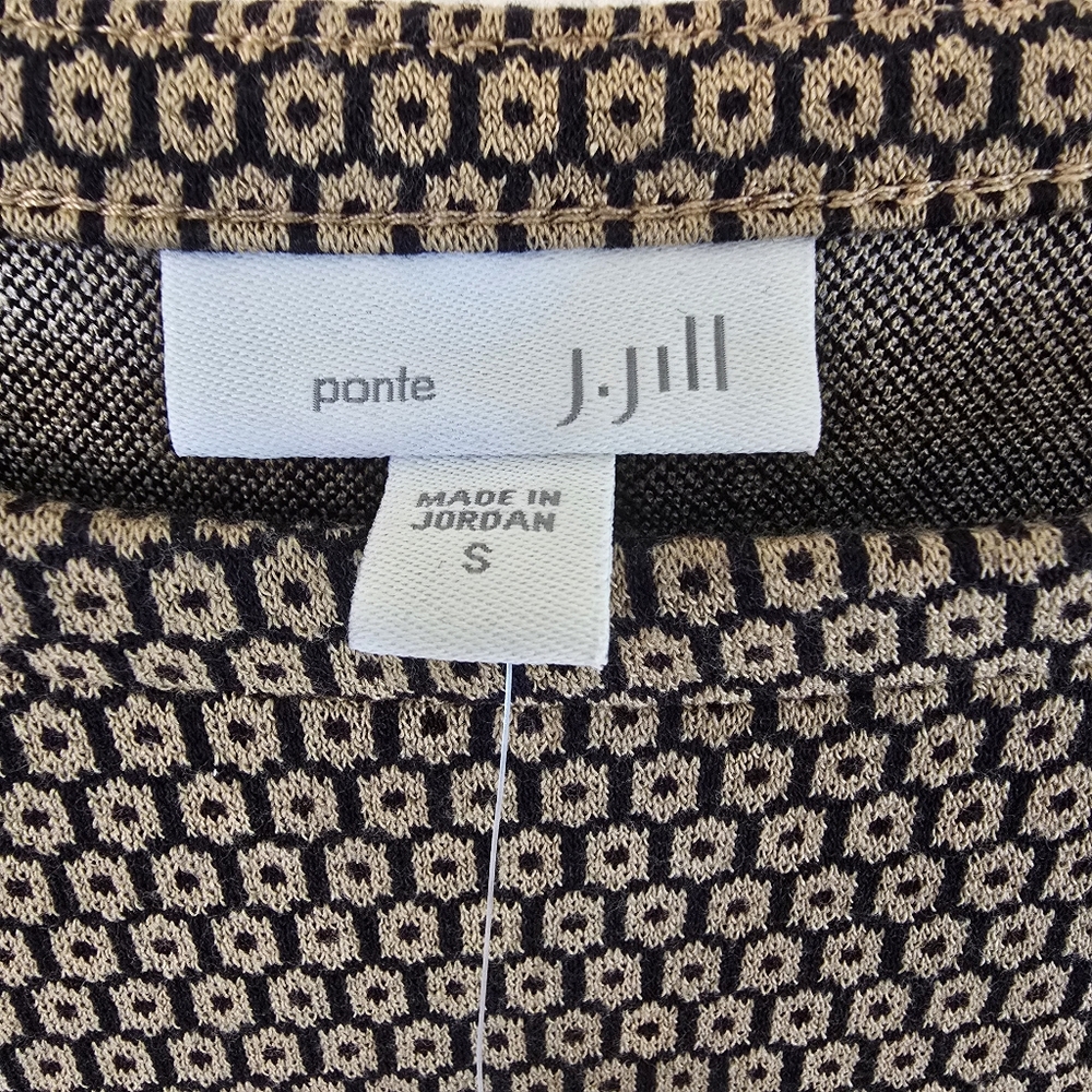 J. JILL Sz Small Ponte 3/4 Sleeve Geometric Print Top Brown Tan Black Pockets - Picture 3 of 13